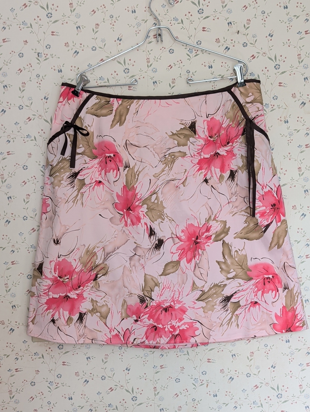 Fasion Bug Skirt Pink Peach Coral  Floral Brown Bows 18W Y2K Feminine Ribbon VTG
